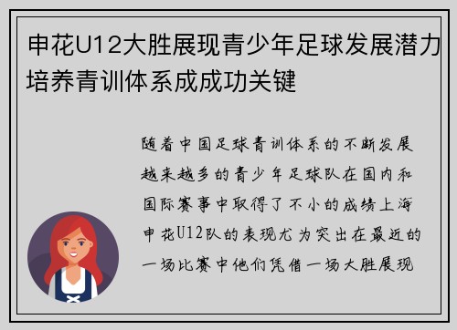 申花U12大胜展现青少年足球发展潜力培养青训体系成成功关键