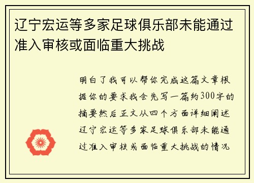 辽宁宏运等多家足球俱乐部未能通过准入审核或面临重大挑战 辽宁宏运等多家足球俱乐部未能通过准入审核或面临重大挑战