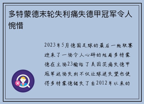 多特蒙德末轮失利痛失德甲冠军令人惋惜