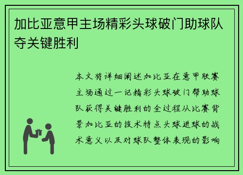 加比亚意甲主场精彩头球破门助球队夺关键胜利 加比亚意甲主场精彩头球破门助球队夺关键胜利