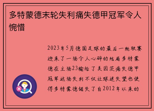 多特蒙德末轮失利痛失德甲冠军令人惋惜 多特蒙德末轮失利痛失德甲冠军令人惋惜
